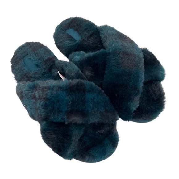 PINK Victoria's Secret Fuzzy‎ Fur Fluffy Teal Black Slide Slippers 9 10 L - Picture 1 of 6